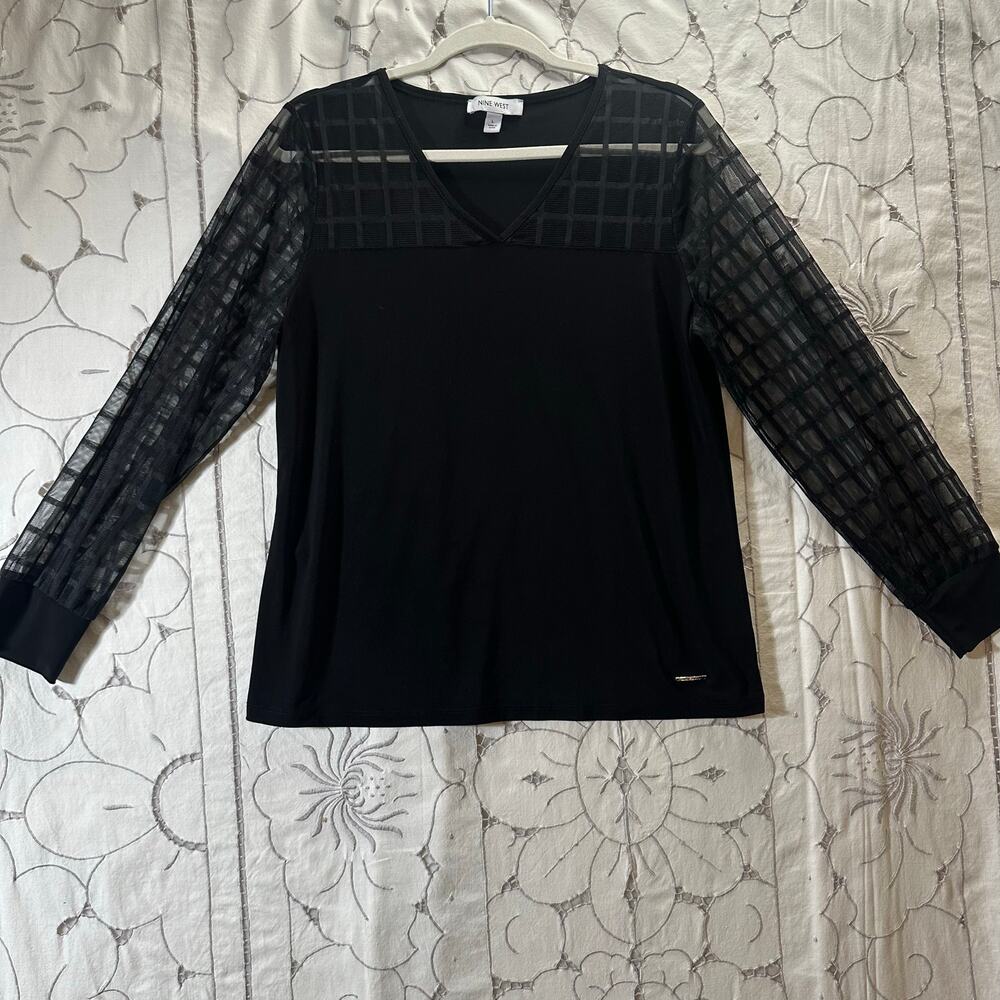 Nine West Sheer Grid Mesh Sleeve Top Black Large